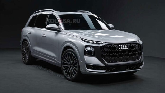 Ψηφιακή απεικόνιση εξωτερικού του Audi Q9 με μεγάλη εξαγωνική μάσκα, διαιρούμενα φώτα και μυώδεις επιφάνειες