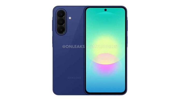 Render του Samsung Galaxy A27 με τριπλή κάμερα 50MP, σχεδιασμό Light Pink/Blue/Black και εμφανή πίσω module