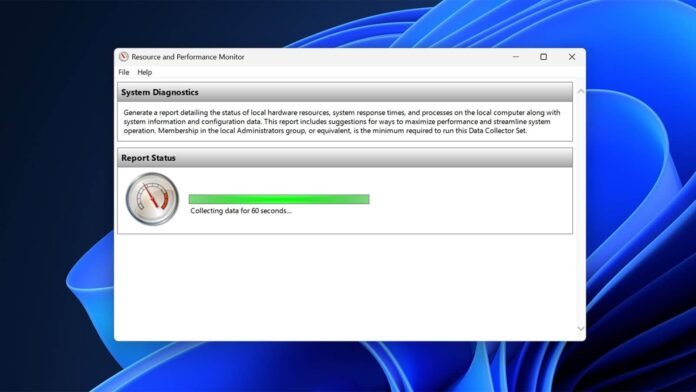 Οθόνη με οδηγίες για την εντολή στα Windows perfmon /report που αποκαλύπτει γιατί ο υπολογιστής καθυστερεί σε 60 δευτερόλεπτα