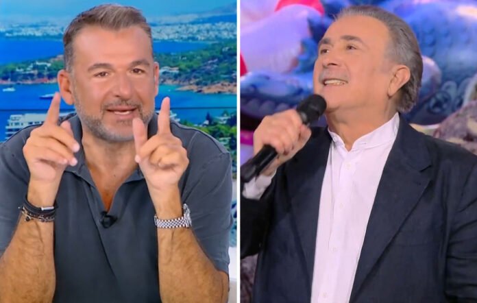 Φωτογραφία Γιώργου Λιάγκα και Λάκη Λαζόπουλου στη δημόσια αντιπαράθεση Λιάγκας Λαζόπουλος κόντρα